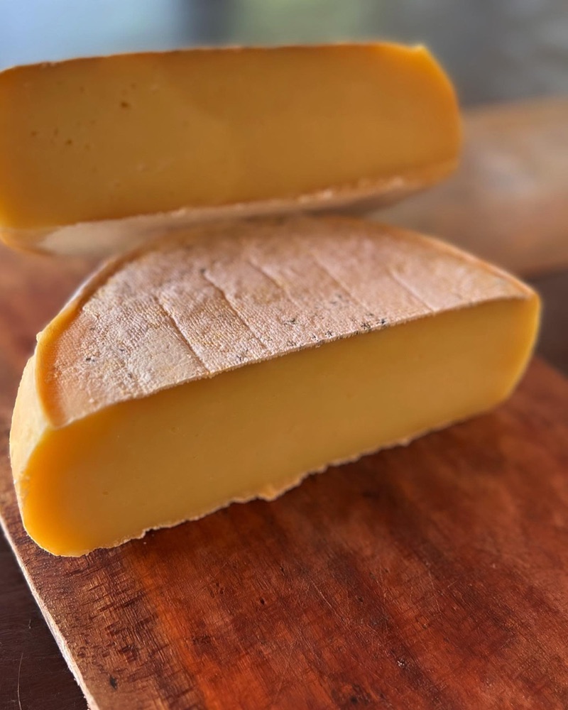 Duas metades de queijo curado sobre uma tábua de madeira